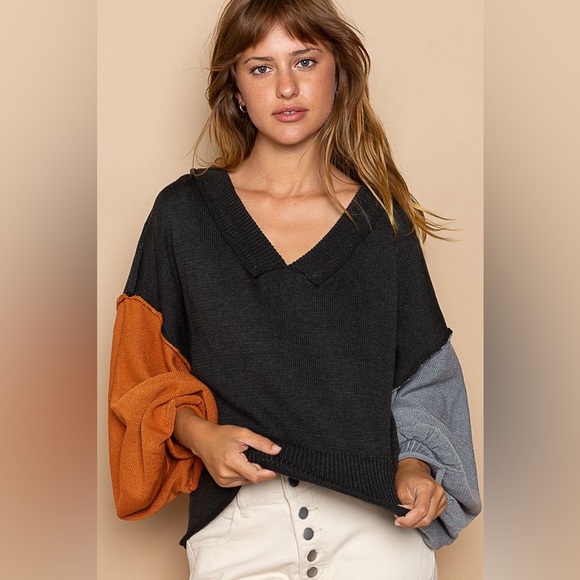 POL Exposed Seam Roll Edge Color Block V Neck Sweater
